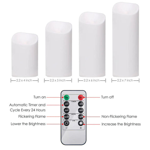 Lit 12 Pack Flameless LED Candles Battery Operated Waterproof Pillars With 2 Remote Controls shown with four pillar heights and remote features.