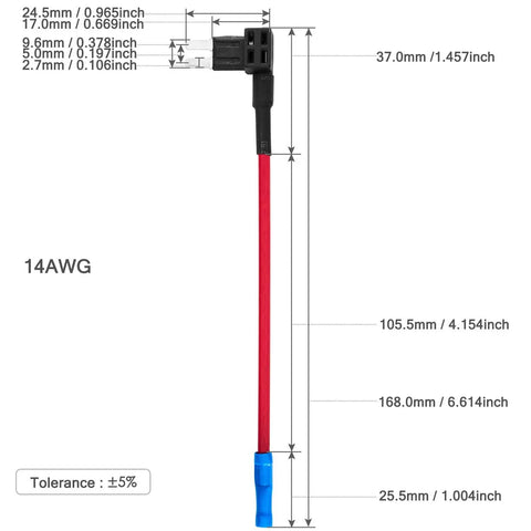 Plug In Add A Circuit Fuse Tap Adapter Kit 5 Pack 14 AWG Micro2 UL Wire Fuse Holders measurements diagram