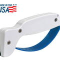 Handheld Tungsten Carbide Knife Sharpener Gets Dull Kitchen Blades Straight Back To Dang Sharp Shape In Seconds Quick Multi Purpose Edge Rebuilder For Serrated And Standard Cutlery Gear, white and blue design.