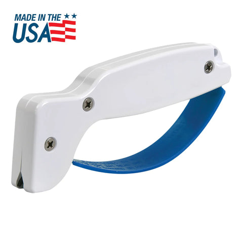 Handheld Tungsten Carbide Knife Sharpener Gets Dull Kitchen Blades Straight Back To Dang Sharp Shape In Seconds Quick Multi Purpose Edge Rebuilder For Serrated And Standard Cutlery Gear, white and blue design.