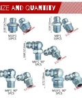 Metric Zerk Grease Fittings Kit 110 Piece Assortment with sizes M10, M8, M6, straight 45/90 degrees, zinc-plated steel
