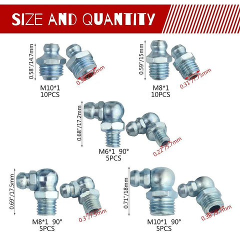 Metric Zerk Grease Fittings Kit 110 Piece Assortment with sizes M10, M8, M6, straight 45/90 degrees, zinc-plated steel