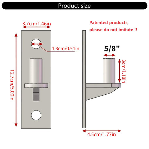 Diagram showing dimensions of Set Of 2 Beefy Wall Mount Gate Hinges For Outdoor Chain Link Fence Stainless Steel Finish Heavy Duty Gate Hardware.
