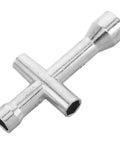Metal pocket sized cross socket wrench for RC models, robot repairs and tiny nuts, fits M2 M2.5 M3 M4 nuts and micro hex screws, front view