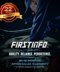 Mechanic working on car engine with FIRSTINFO 22-month warranty badge visible