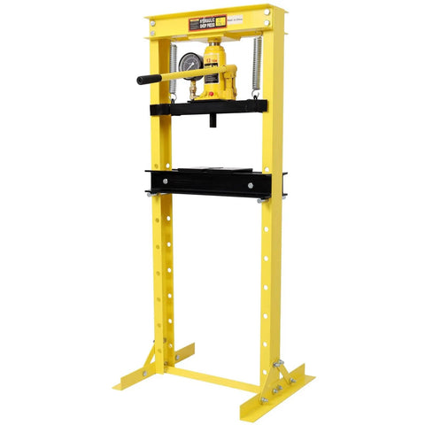 Hardcore 12 Ton Hydraulic Shop Press With Pressure Gauge And Rock Solid Steel Frame Bottle Jack Rig for automotive repair.