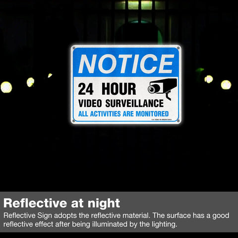 Heavy Duty Video Surveillance Sign 4 Pack 7x10 Inch Reflective Aluminum Security Camera Warning Decal lit at night.