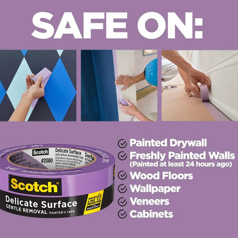 Delicate Surface Painter’s Tape With Edge Lock Technology For Sharp Lines 1 Inch By 60 Yards Pack Of 4 shown for multiple surfaces use.