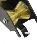Close-up of yellow guide roller on slick hand crank water well pump puller, showcasing robust metal construction and installation detail.