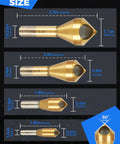 Heavy Duty Titanium Coated HSS Countersink Drill Bit Set for Wood and Metal, 90 Degree Chamfer Bits with size measurements