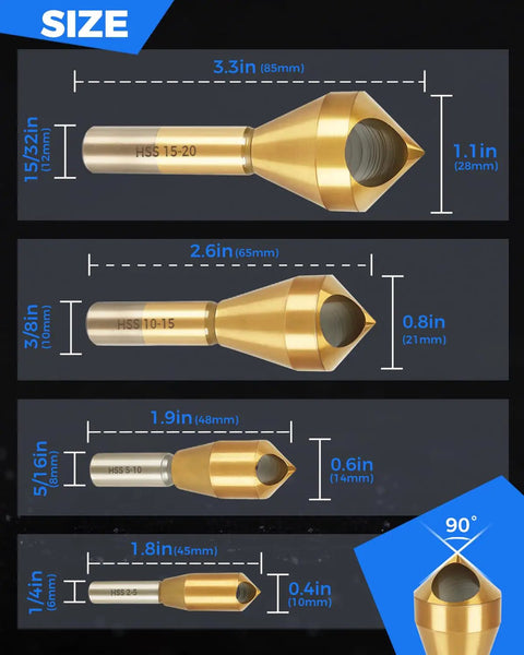 Heavy Duty Titanium Coated HSS Countersink Drill Bit Set for Wood and Metal, 90 Degree Chamfer Bits with size measurements