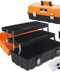 16.5 Inch Three Layer Folding Tool Box Organizer With Portable Handle, open compartments, visible plastic storage, locks