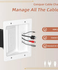Slick In-Wall Cable Management Kit With Brush Plate For Taming Messy Wires Behind TV Screens showing HDMI and coaxial cables.