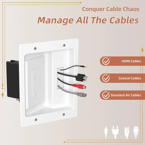 Slick In-Wall Cable Management Kit With Brush Plate For Taming Messy Wires Behind TV Screens showing HDMI and coaxial cables.