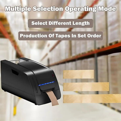Heavy Duty Paper Based Top Shelf Electric Automatic Tape Dispenser Burns Through Water Activated Tape Flat Out, showing multiple tape lengths.