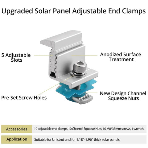 10 Pcs Adjustable Solar Panel End Clamp For Unistrut, 30-50mm Aluminum Mounting Brackets With Nuts, Bolts And Wrench Included, Heavy Duty DIY Friendly Solar Clamp For Metal Roof Tin Roof Flat Roof Sheet Roof RV, Silver with anodized surface treatment, showing adjustable slots.