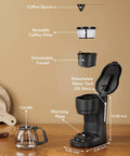 Image of a Compact 5 Cup Drip Coffee Maker With Programmable Timer, Two Hour Auto Power Off, Two Hour Keep Warm, Black Coffee Machine.