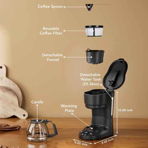 Image of a Compact 5 Cup Drip Coffee Maker With Programmable Timer, Two Hour Auto Power Off, Two Hour Keep Warm, Black Coffee Machine.