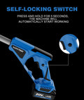 Self-locking switch on Cordless Garden Tiller 20V No Cord Hassle With 8.6 Inch Cultivator Head, two 4.0Ah batteries visible