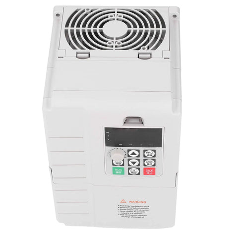 Three Phase VFD Drive 380V 5.5KW Inverter With 0 To 400Hz Range, Eight Stage Programmable PID Control, RS485 Communications For Motor Speed Control, A Real Workhorse For Pumps Fans And Industrial Gear. white motor speed controller with keypad and cooling fan