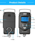 Front and back view of Pocket Size Fishing And Luggage Scale With Built In Tape And Backlit LCD Display 110 Lb 50 Kg Digital Weighing Scale