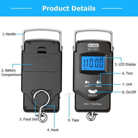 Front and back view of Pocket Size Fishing And Luggage Scale With Built In Tape And Backlit LCD Display 110 Lb 50 Kg Digital Weighing Scale