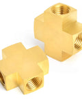 Brass Four-Way Pipe Fitting Cross, 1/4 Inch NPT Female Threads, Barstock Quality, 3 Pack shown in set of two.