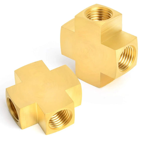 Brass Four-Way Pipe Fitting Cross, 1/4 Inch NPT Female Threads, Barstock Quality, 3 Pack shown in set of two.