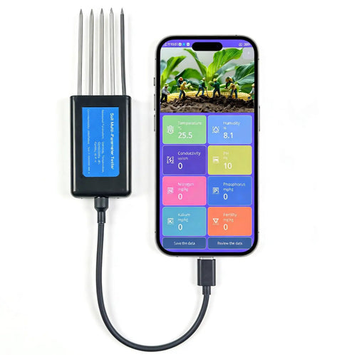 All In One Android Soil Tester With NPK PH Moisture EC Meter, Digital Garden Test Kit, connected to smartphone