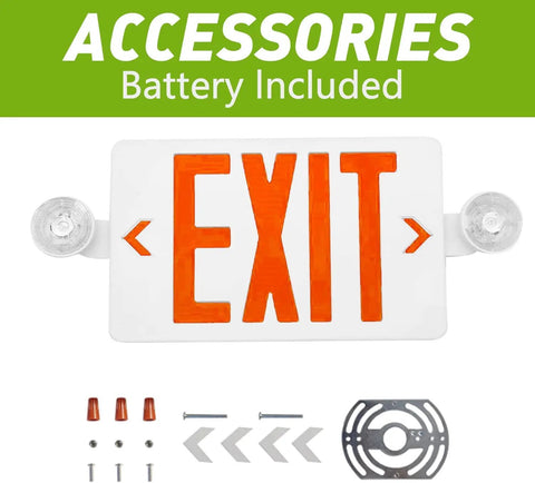 2 Pack Red LED Exit Signs With Emergency Lights, Battery Backup, accessories shown, including mounting hardware.