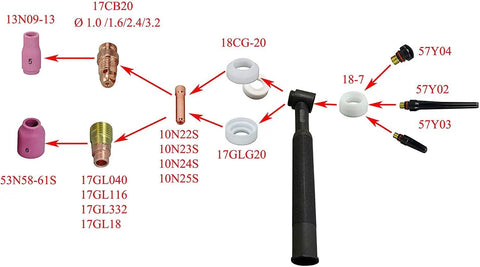 Components for TIG Stubby Collets 3/32 Inch and 2.4mm Orifice for PTA DB SR WP 17 18 26 TIG Welding Torch