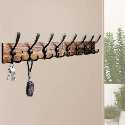 Wall Mount 31.5 Inch Coat Rack In Rustic Burnt Brown Pine, Eight Aluminum Triple Hooks, Heavy Duty Coat Hat Cloth Organizer