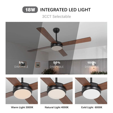52 Inch Ceiling Fan With Light Remote Control Dope DC Motor Dimmable Lighting 6 Speeds in a dimming demonstration setup.
