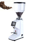 Top Shelf Digital Touch Screen Commercial Coffee Grinder Built With Food Grade Stainless Steel Flat Burrs For Smooth Batch Grinding and Serious Morning Fuel At Home Or The Cafe with clear hopper and coffee beans.