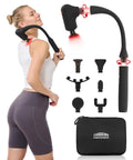 Upgraded 2 In 1 Massage Gun With Heat For Deep Tissue Back And Neck Relief Extension Handle displayed with woman using it