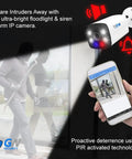 Floodlight and siren alarm IP camera with PIR activated technology for proactive intrusion deterrence, smartphone monitoring of security footage