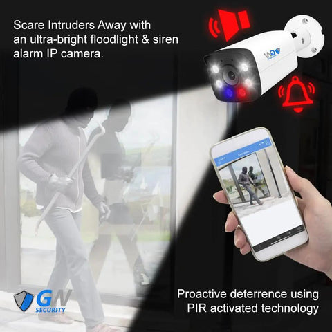 Floodlight and siren alarm IP camera with PIR activated technology for proactive intrusion deterrence, smartphone monitoring of security footage