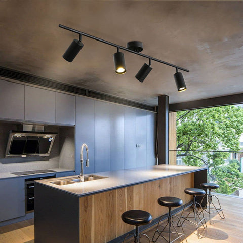 Four Light Black Track Lighting Kit With Flexible Heads Dimmable LED Indoor Ceiling Spotlight Mid Century Modern Style