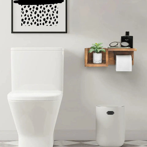 Wooden Toilet Paper Holder Wall Mount With Shelf Farmhouse Bathroom Storage Rack holding plant and accessories