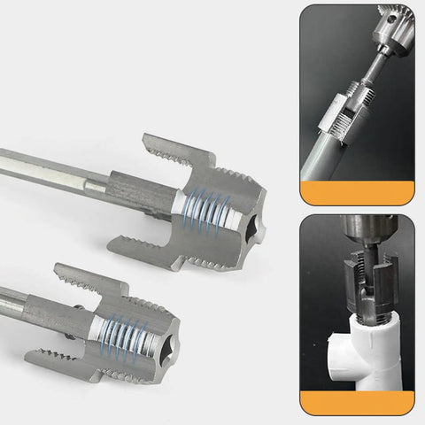 Gowenic 4 In 1 Pipe Threader Tool Kit For Electric Drill showing alloy steel tap dies 1/2 inch and 3/4 inch for PVC projects.