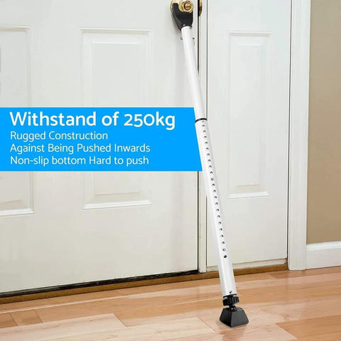 2 Pack Adjustable Door Security Bar For Hinged And Sliding Doors Telescopic Locking Pole From 29 Inches To 45 Inches Non Slip Portable Door Brace With 250 Kg High Strength Construction Ideal For Home And Patio Security installed on a closed white door.