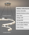 Customizable Modern Pendant Light With Remote Dimming 3000K To 6500K Ambient Lighting, 19.6 Inch, silver aluminum spiral design