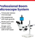 Professional Trinocular Stereo Zoom Microscope With Boom Stand, Long Working Distance, 10X Super Widefield Eyepieces, Adjustable Interpupillary on 9x9 base