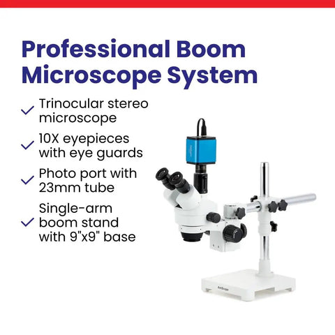 Professional Trinocular Stereo Zoom Microscope With Boom Stand, Long Working Distance, 10X Super Widefield Eyepieces, Adjustable Interpupillary on 9x9 base