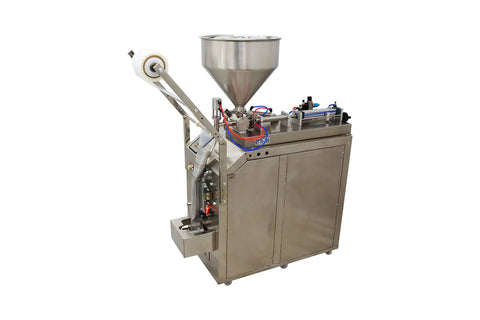 Heavy Duty Automatic Liquid And Paste Filler With Digital Controls For Hassle Free Small Batch Commercial Packaging Of Oils Vinegars Creams And Drinks 110V, stainless steel construction, side view.