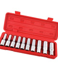 10 Piece E Star Socket Wrench Set Shop Grade Alloy Steel Mechanic Tools in a red portable carry box.