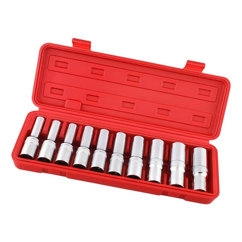 10 Piece E Star Socket Wrench Set Shop Grade Alloy Steel Mechanic Tools in a red portable carry box.