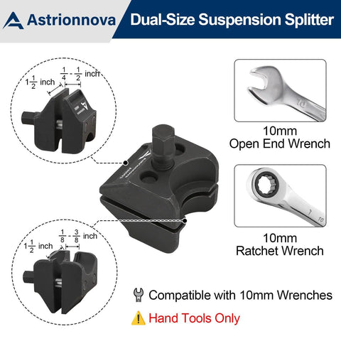 Astrionnova dual-end suspension strut splitter tool, black metal; compatible with 10mm wrenches (VW/Audi/BMW/Ford).