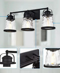 Black 3 Light Industrial Vanity Sconces With Hammered Glass Shades, vintage rustic farmhouse wall lighting for bathrooms