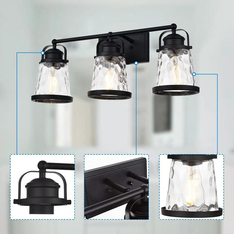 Black 3 Light Industrial Vanity Sconces With Hammered Glass Shades, vintage rustic farmhouse wall lighting for bathrooms